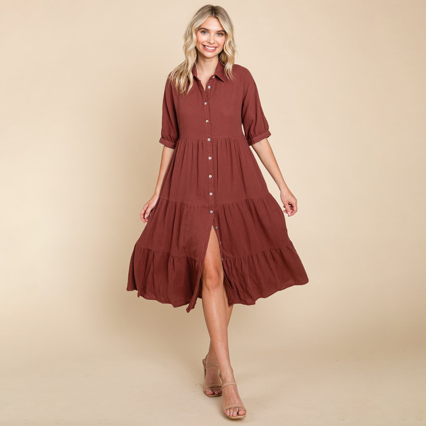 Double Gauze Tiered Cotton Midi Shirt Dress