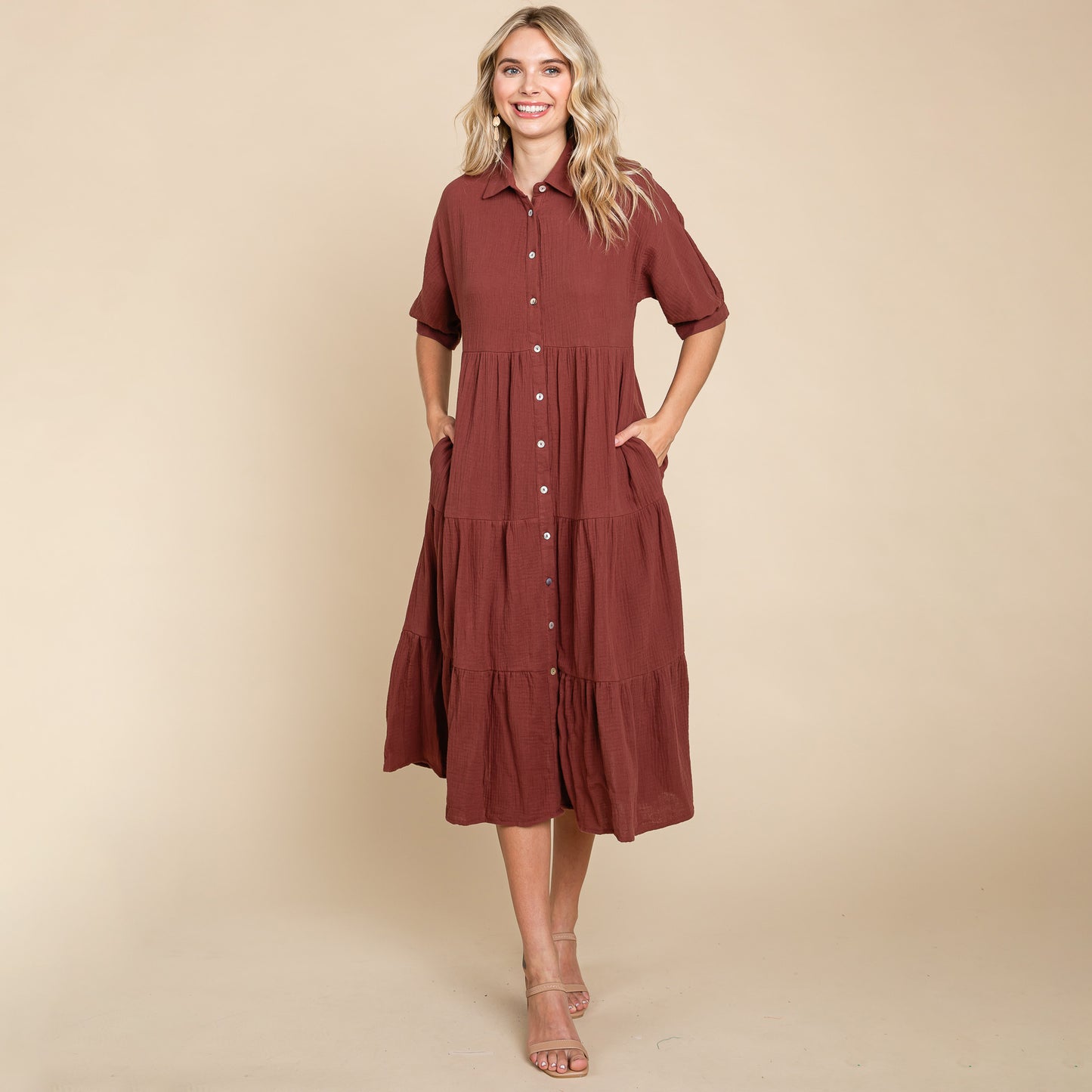 Double Gauze Tiered Cotton Midi Shirt Dress