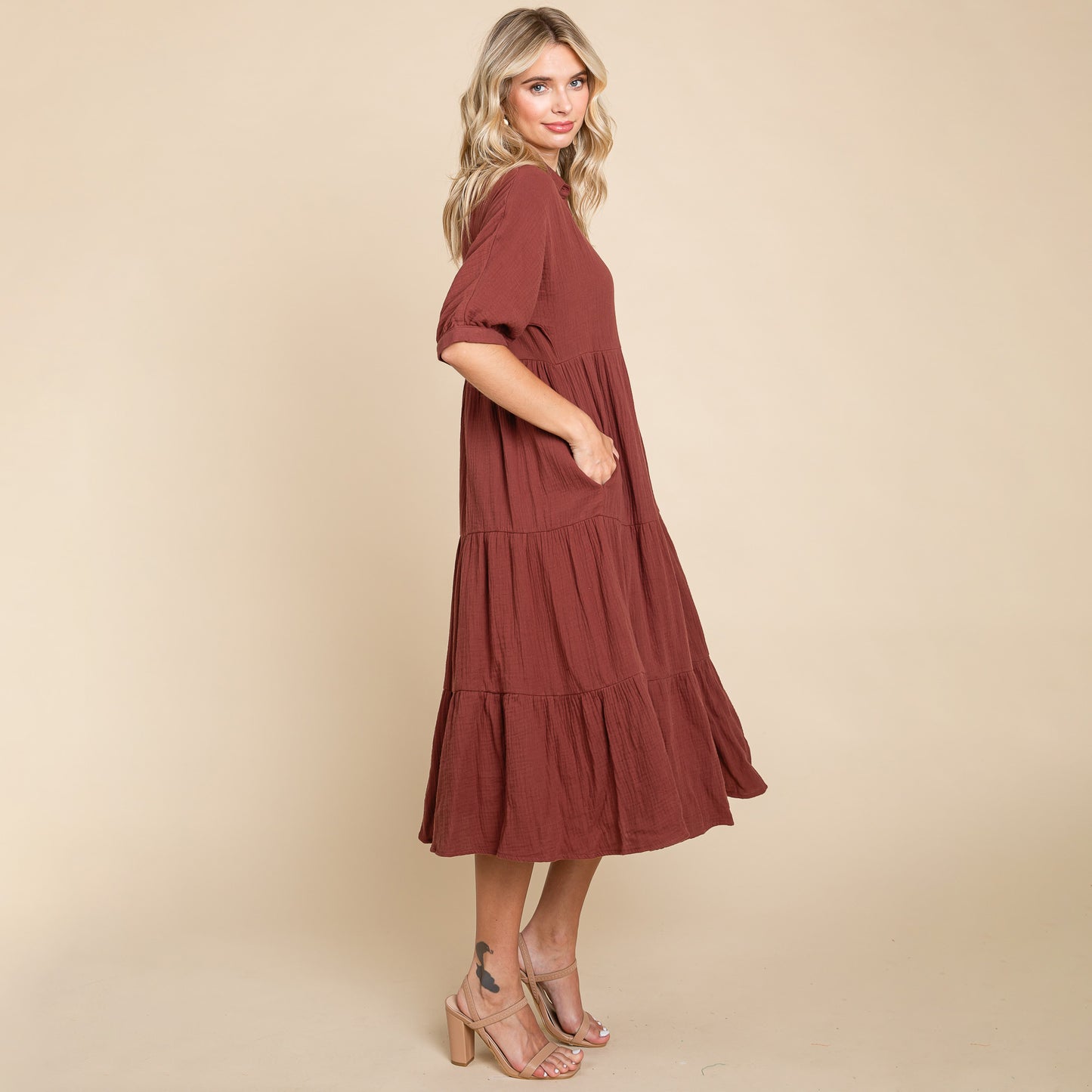 Double Gauze Tiered Cotton Midi Shirt Dress