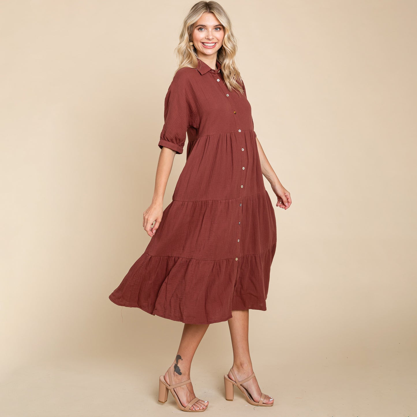 Double Gauze Tiered Cotton Midi Shirt Dress