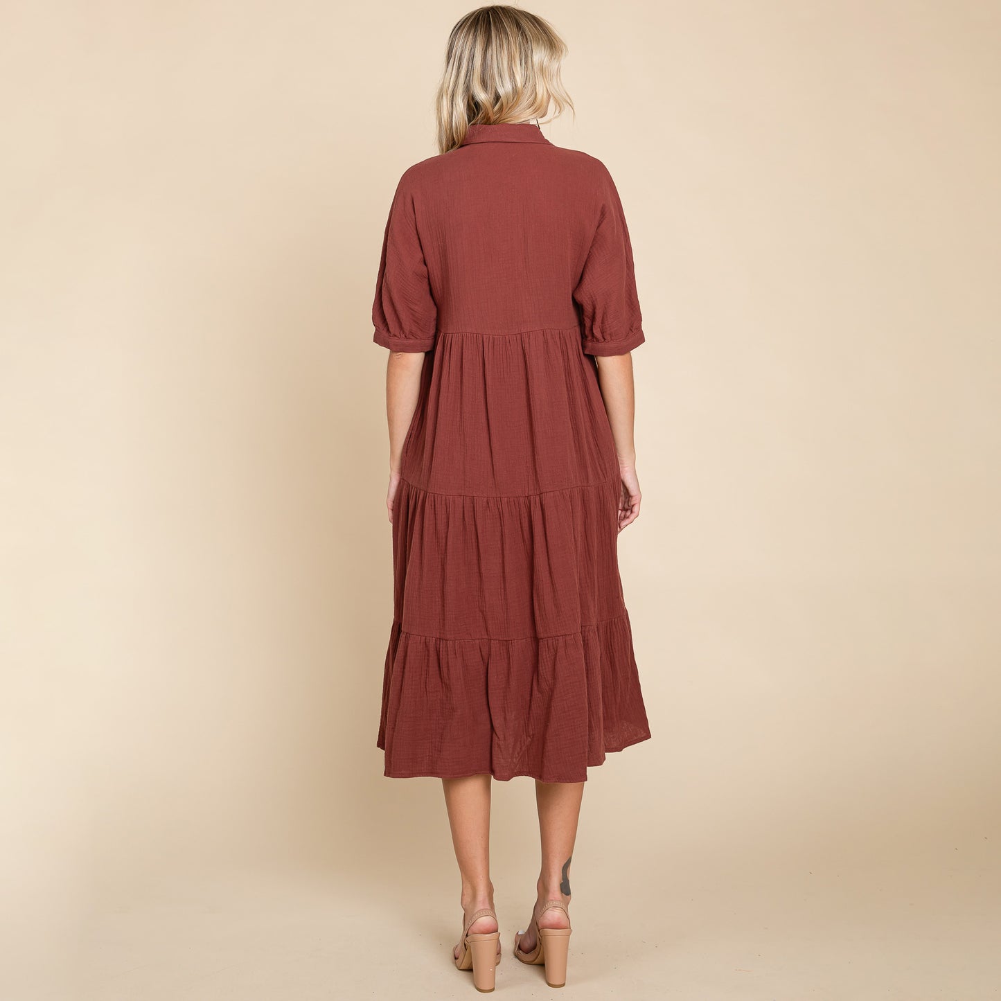 Double Gauze Tiered Cotton Midi Shirt Dress