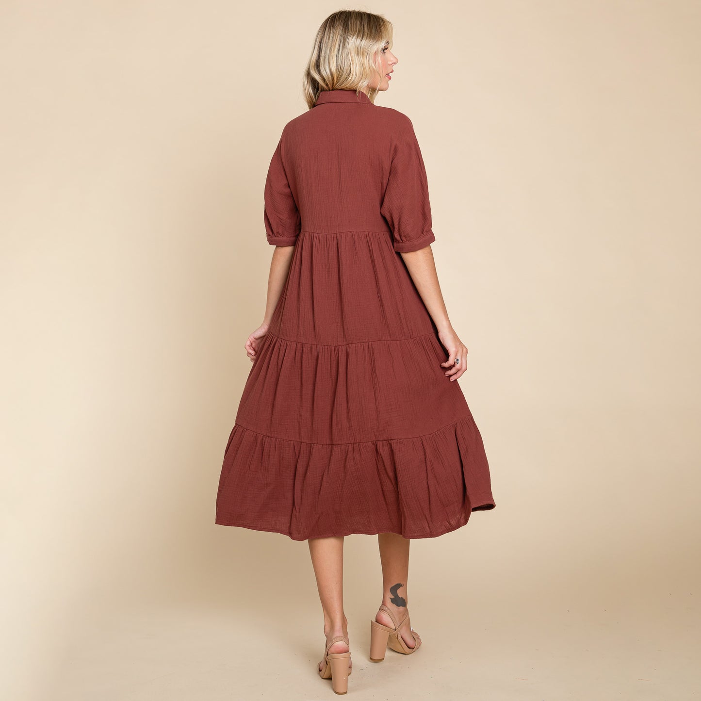 Double Gauze Tiered Cotton Midi Shirt Dress