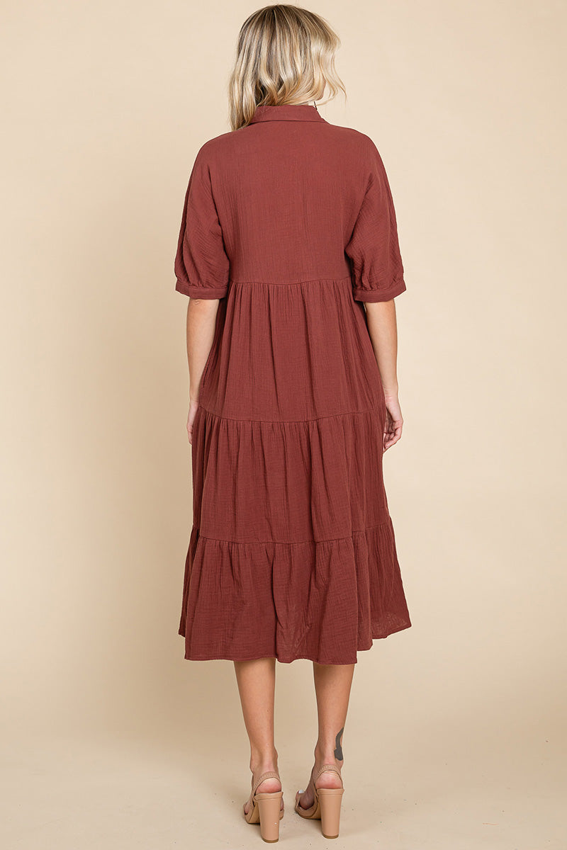 Double Gauze Tiered Cotton Midi Shirt Dress