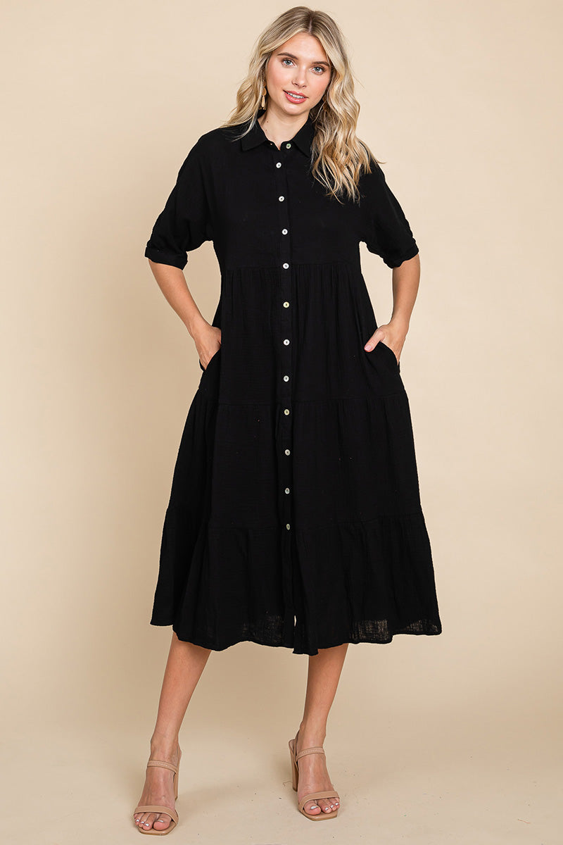 Double Gauze Tiered Cotton Midi Shirt Dress