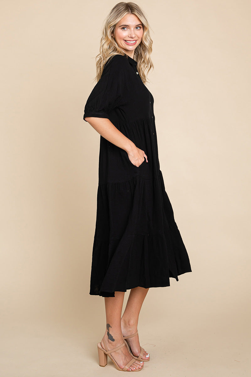 Double Gauze Tiered Cotton Midi Shirt Dress