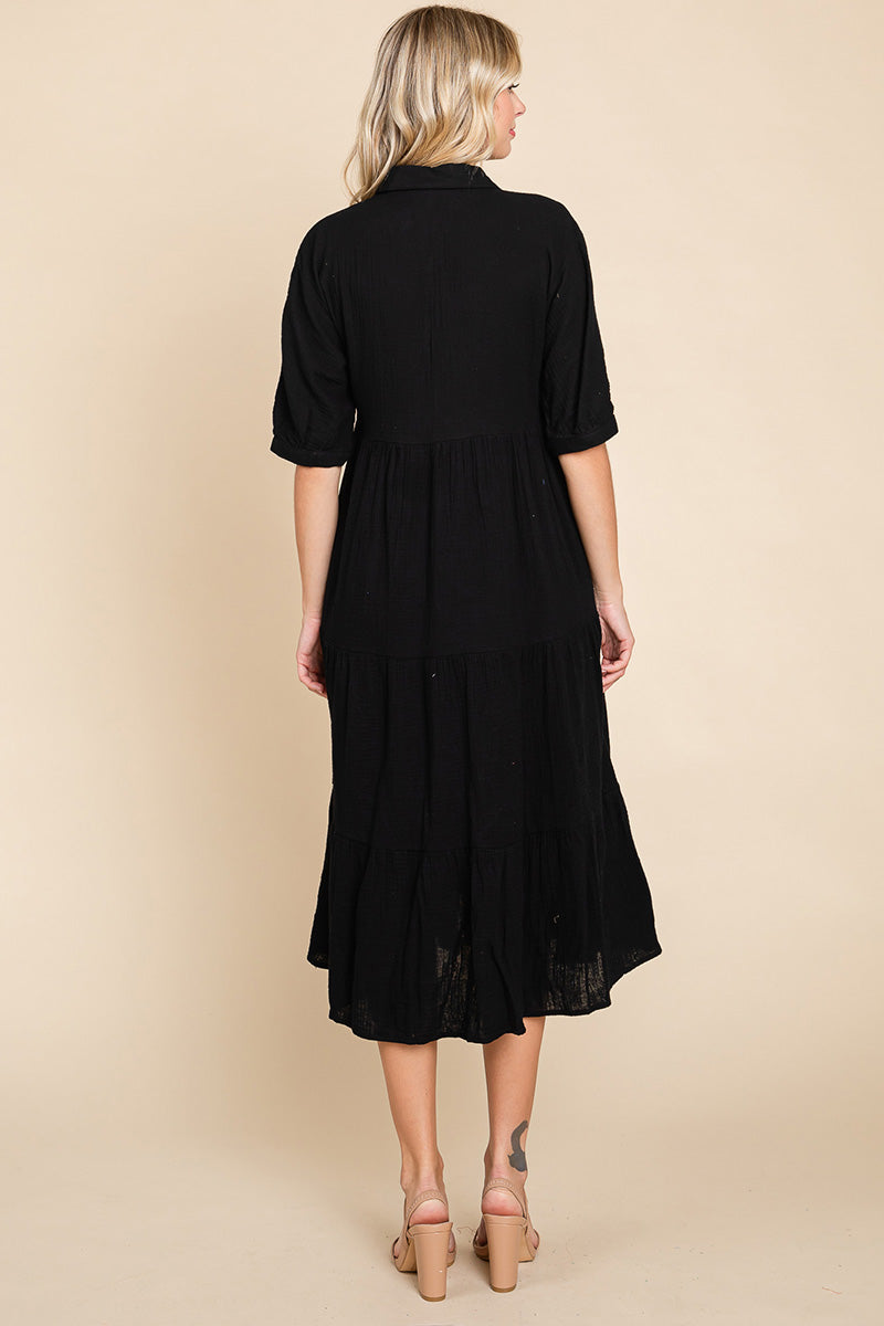 Double Gauze Tiered Cotton Midi Shirt Dress