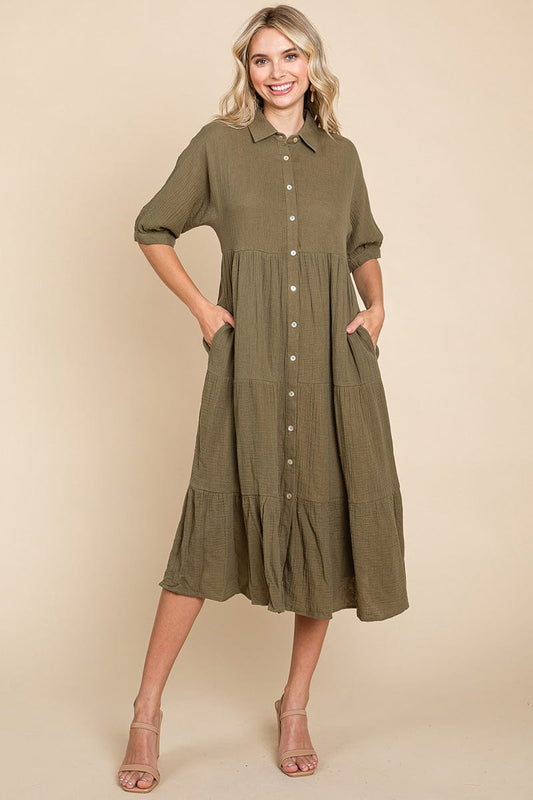 Double Gauze Tiered Cotton Midi Shirt Dress