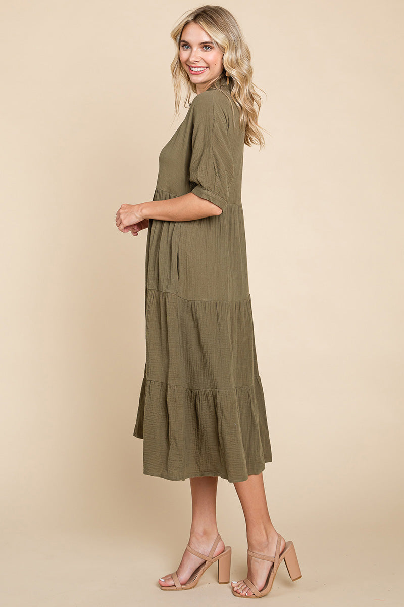 Double Gauze Tiered Cotton Midi Shirt Dress