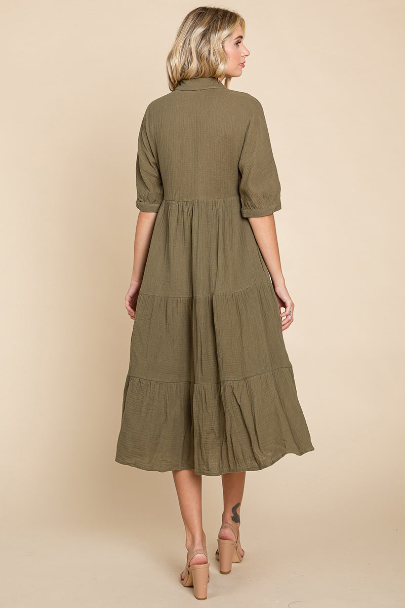 Double Gauze Tiered Cotton Midi Shirt Dress