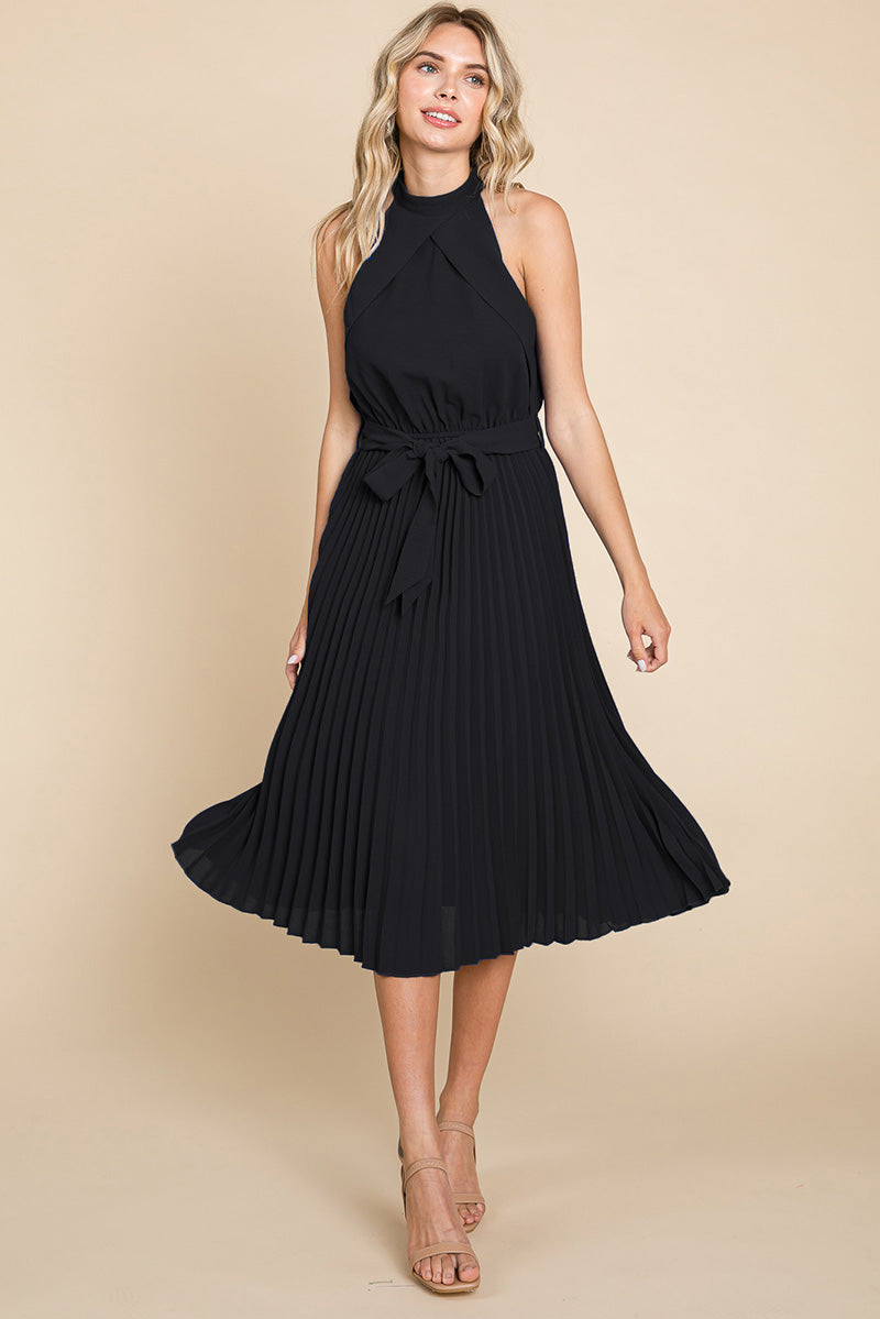 Pleated Self Tie Waist Halter Cocktail Dress, S-3X