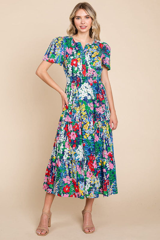 Tiered Floral Print V Neck Cotton Midi Dress, S-3X