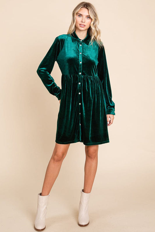 Velvet Collar Button Down Pleated Shirt Dress, S-3X