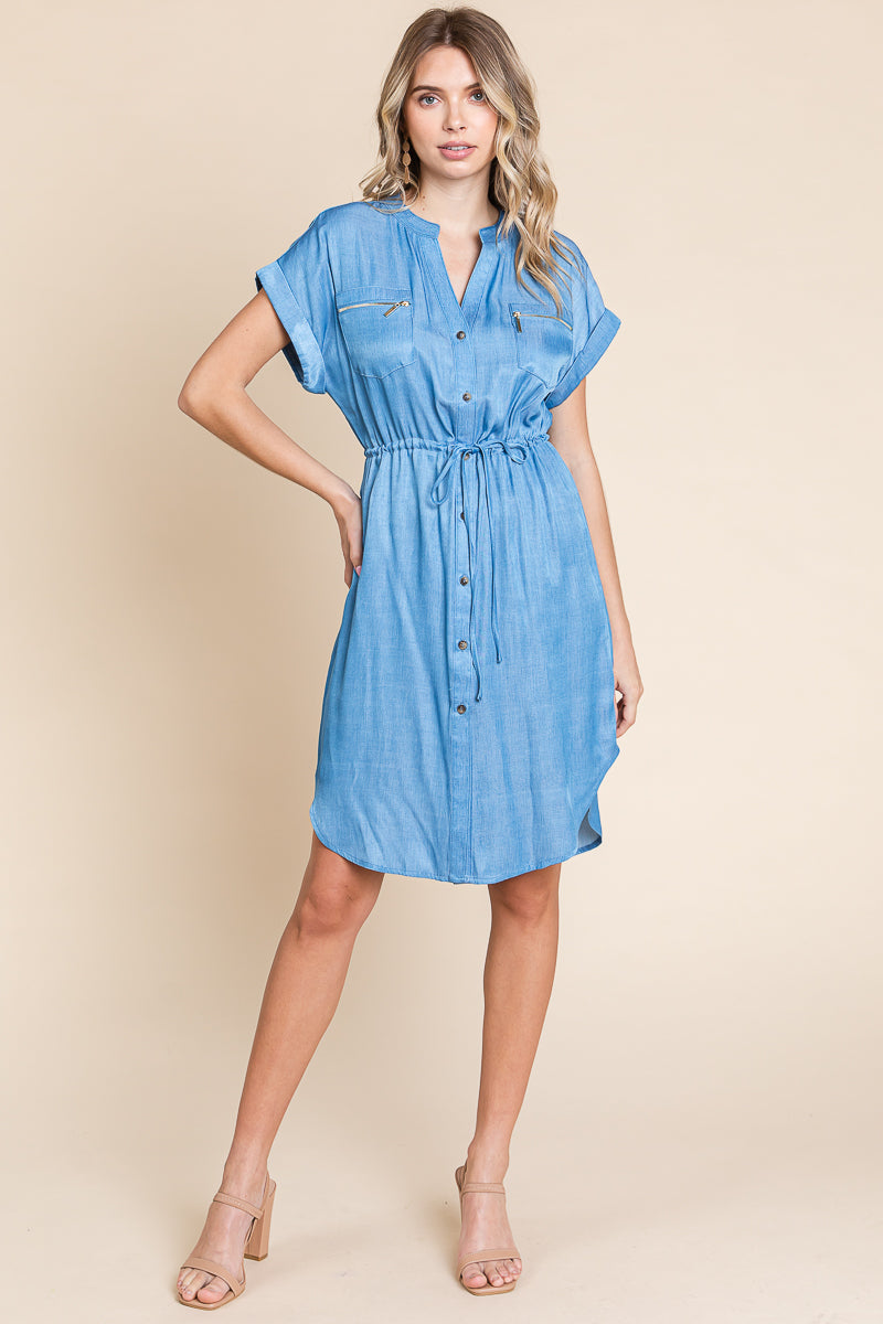 Chambray Drawstring Button Down Denim Shirt Dress