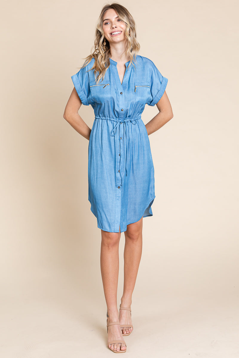 Chambray Drawstring Button Down Denim Shirt Dress