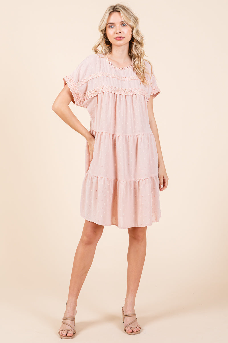 Lace Front Swiss Dot Ruffle Tiered Swing Dress