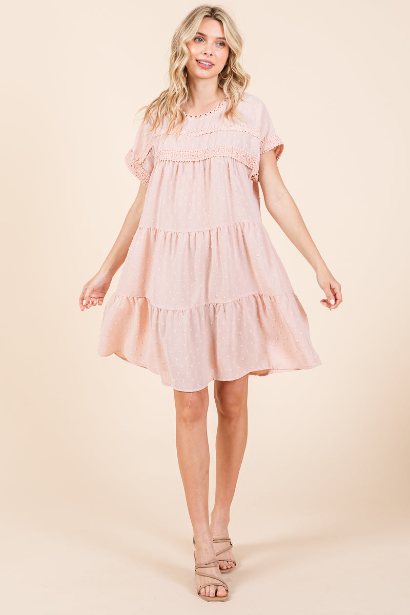 Lace Front Swiss Dot Ruffle Tiered Swing Dress