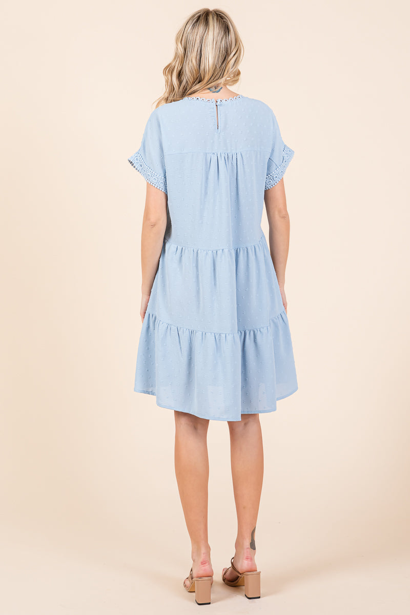 Lace Front Swiss Dot Ruffle Tiered Swing Dress