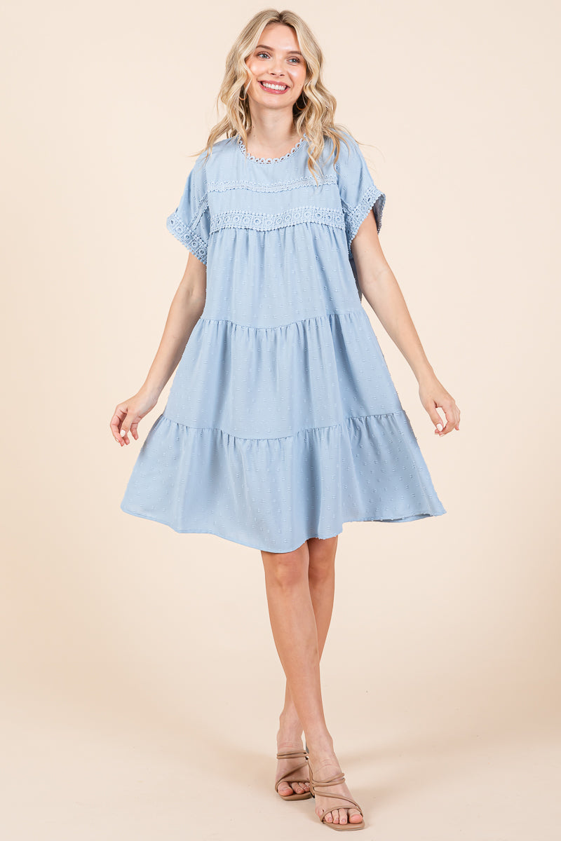 Lace Front Swiss Dot Ruffle Tiered Swing Dress