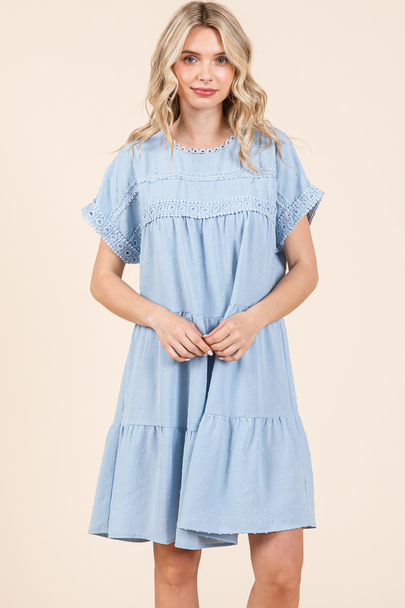 Lace Front Swiss Dot Ruffle Tiered Swing Dress