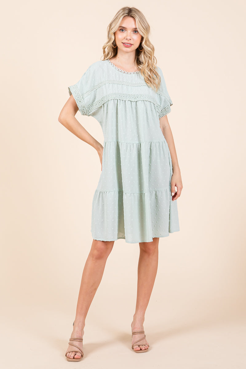 Lace Front Swiss Dot Ruffle Tiered Swing Dress