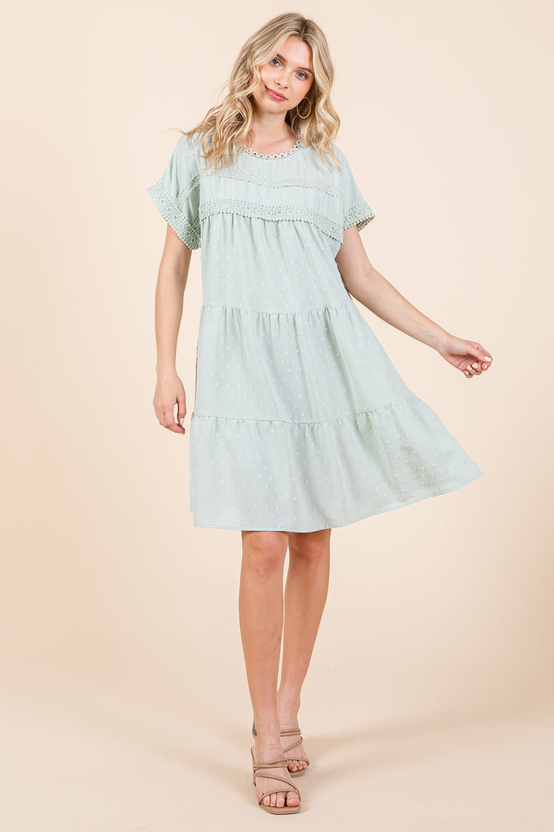 Lace Front Swiss Dot Ruffle Tiered Swing Dress