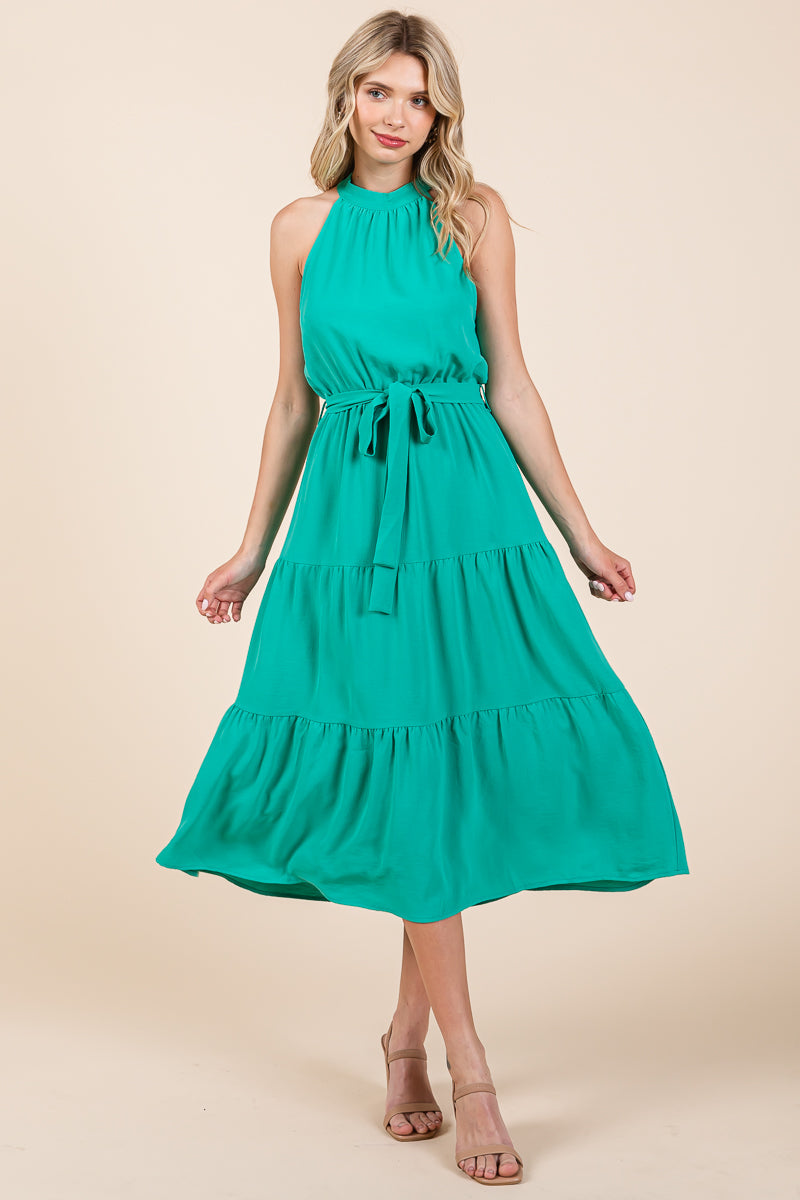 Halter Neck Belted Tiered Ruffle Midi Dress