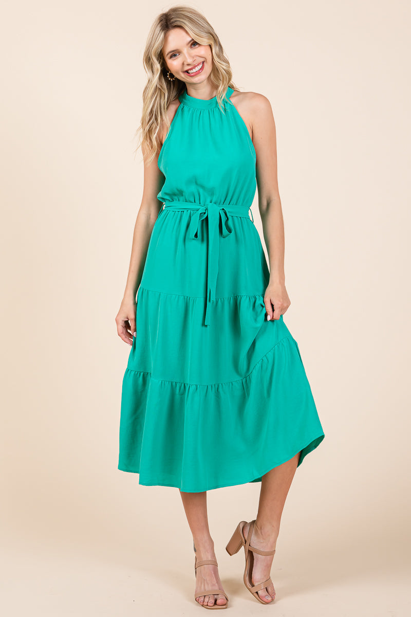 Halter Neck Belted Tiered Ruffle Midi Dress