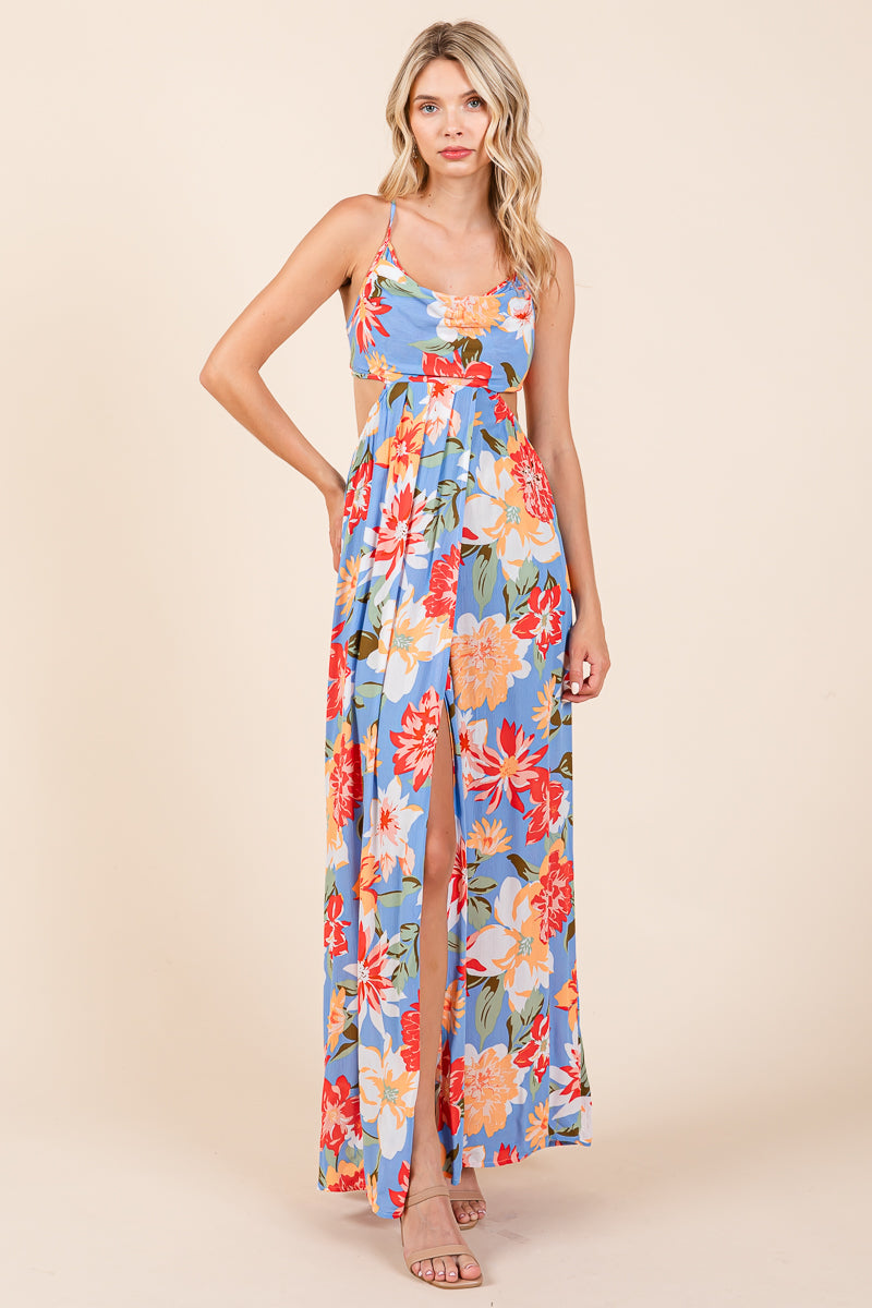 Flower Print Open Back Split Front Maxi Dress