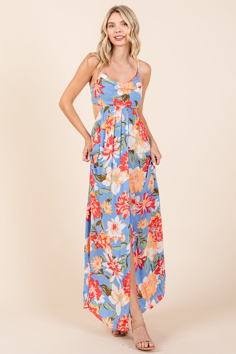 Flower Print Open Back Split Front Maxi Dress