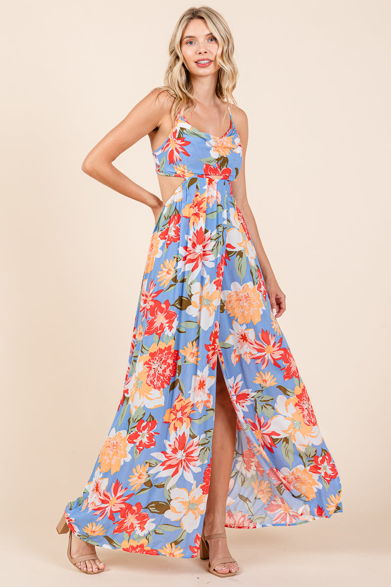 Flower Print Open Back Split Front Maxi Dress