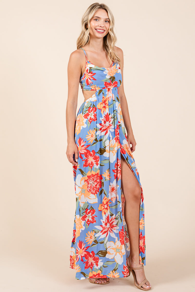 Flower Print Open Back Split Front Maxi Dress