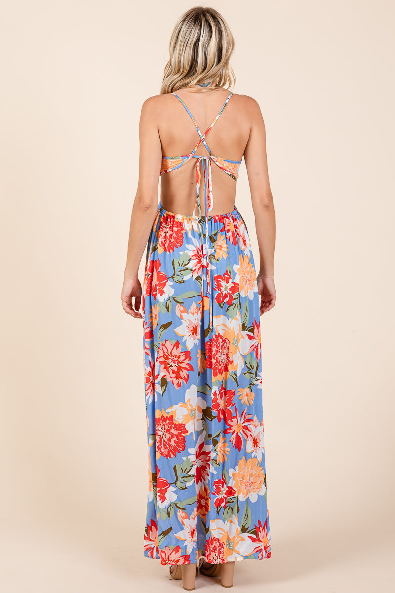 Flower Print Open Back Split Front Maxi Dress