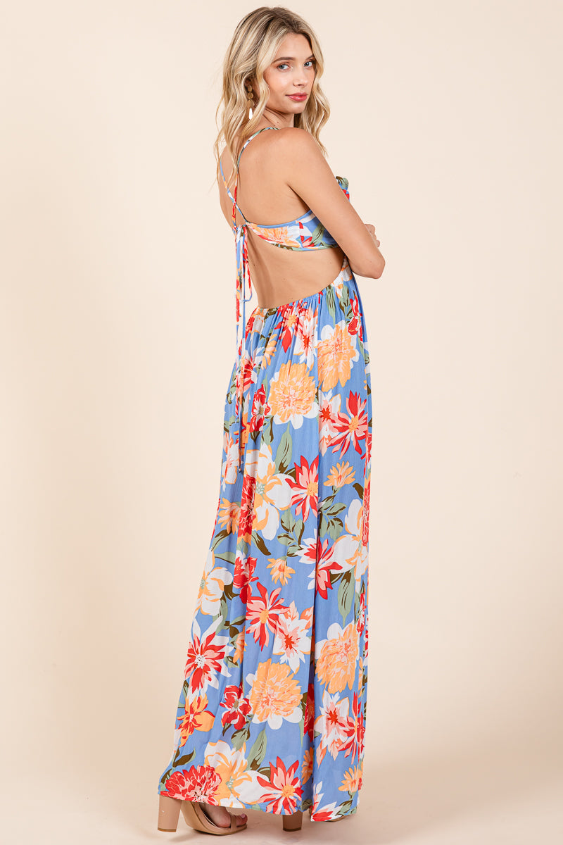 Flower Print Open Back Split Front Maxi Dress