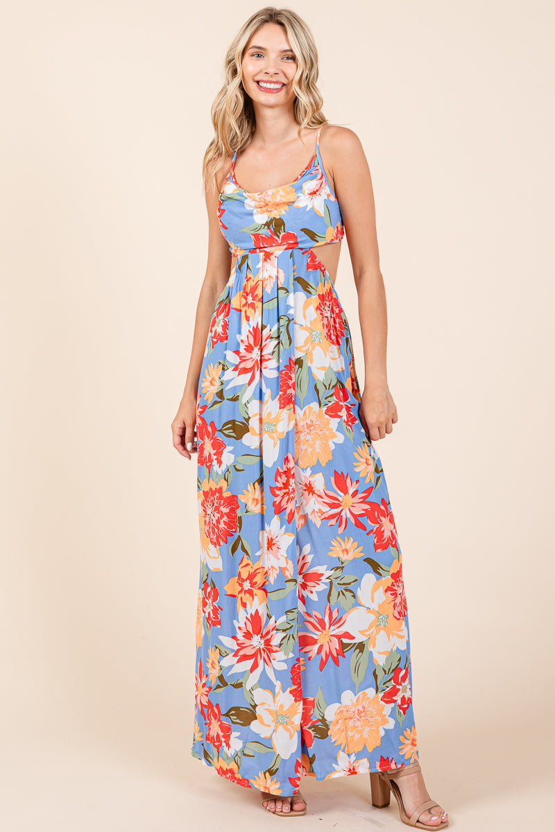 Flower Print Open Back Split Front Maxi Dress