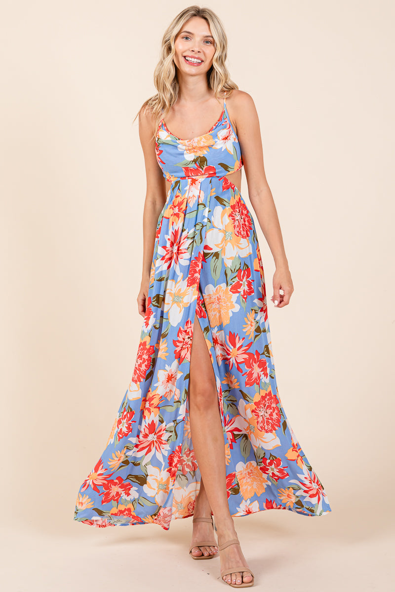 Flower Print Open Back Split Front Maxi Dress