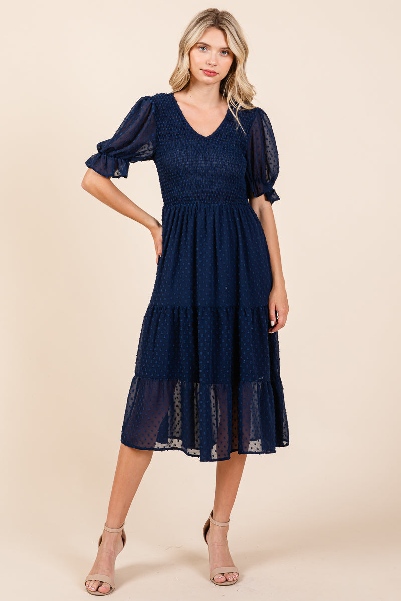 Smocked Short Sleeve Tiered Midi Dotted Dress