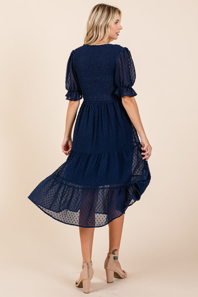 Smocked Short Sleeve Tiered Midi Dotted Dress