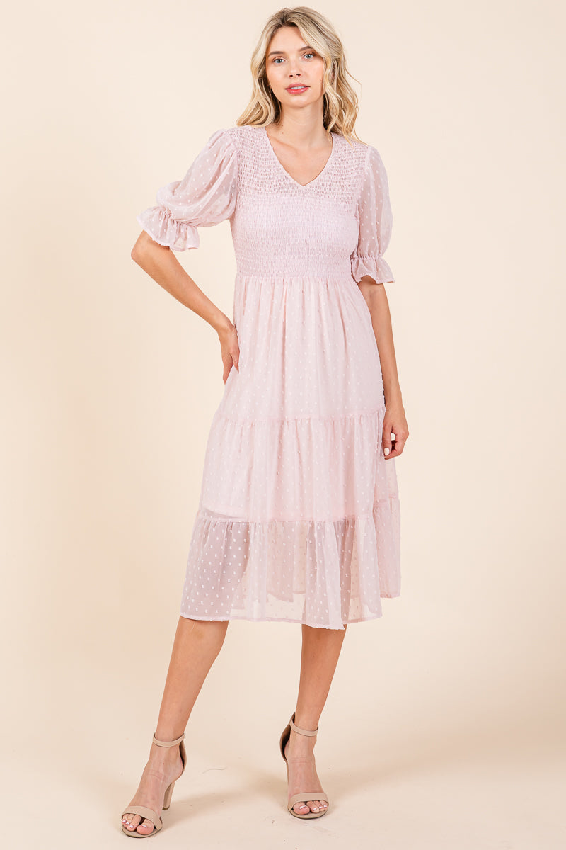 Smocked Short Sleeve Tiered Midi Dotted Dress