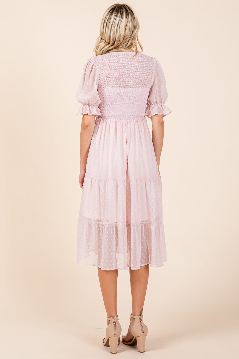 Smocked Short Sleeve Tiered Midi Dotted Dress