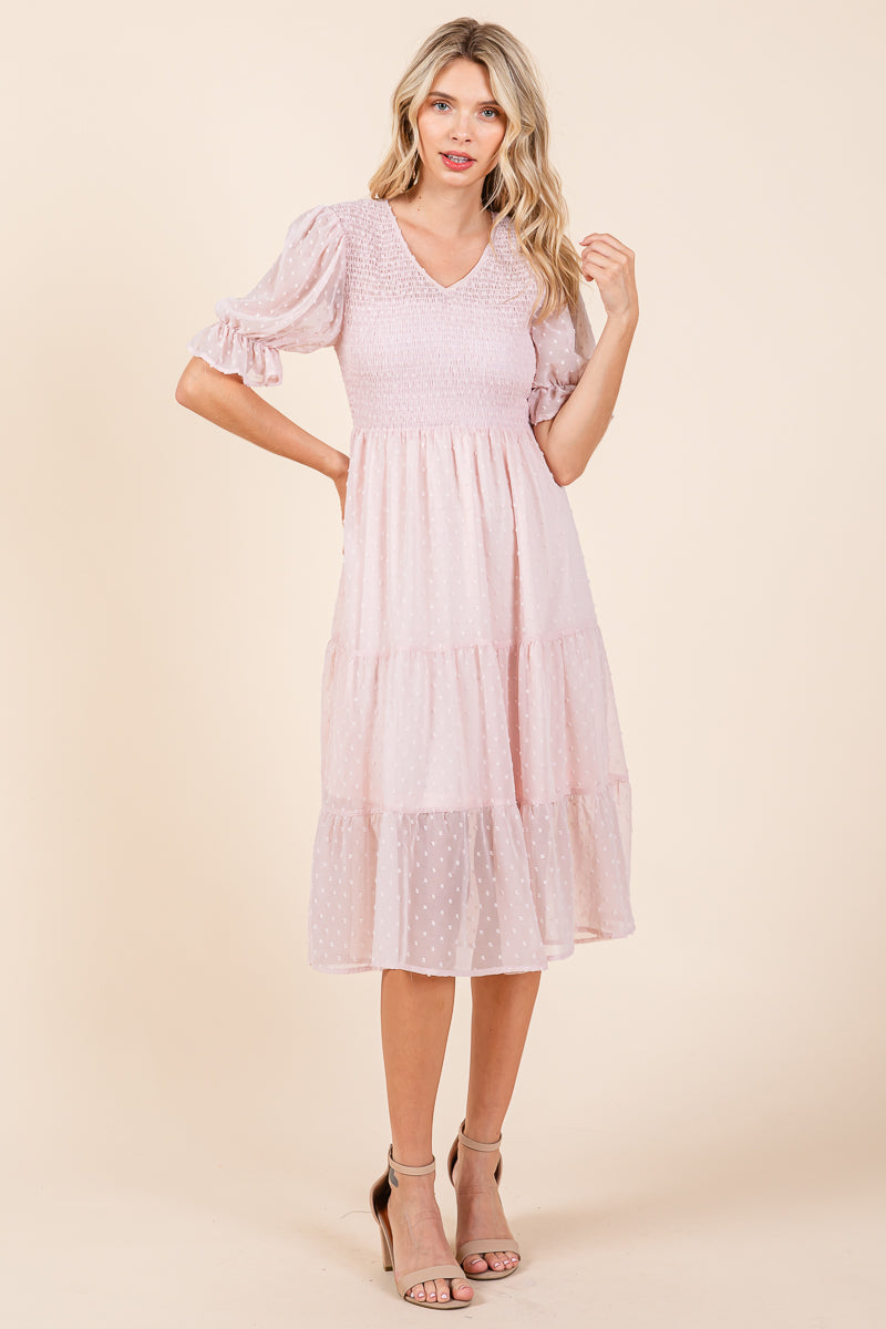 Smocked Short Sleeve Tiered Midi Dotted Dress