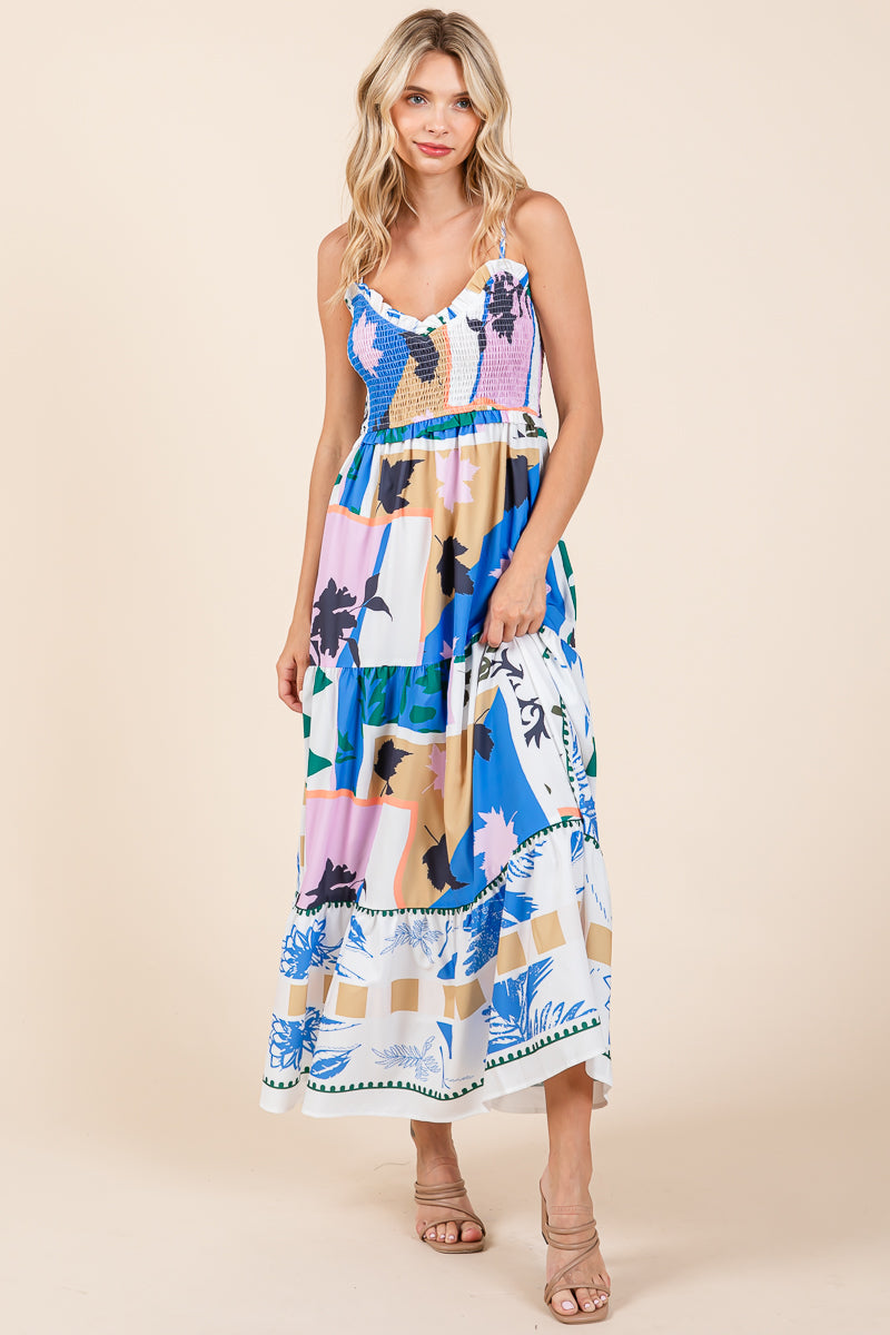 Smocked Graffiti Print Boho Cami Maxi Dress