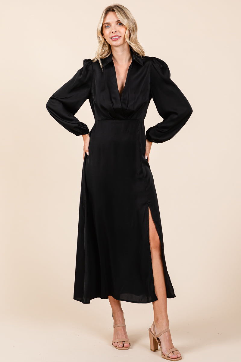 Deep V Neck Collared Split Satin Midi Wrap Dress