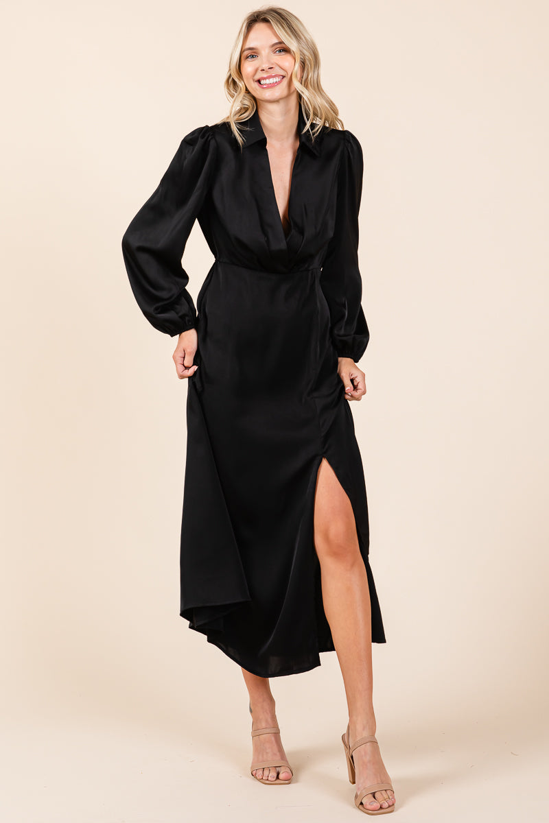 Deep V Neck Collared Split Satin Midi Wrap Dress