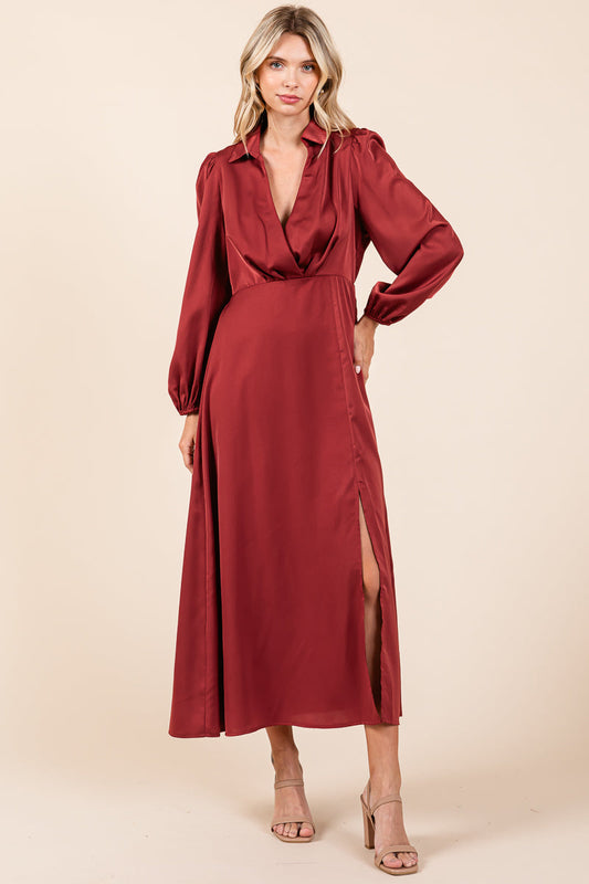 Deep V Neck Collared Split Satin Midi Wrap Dress