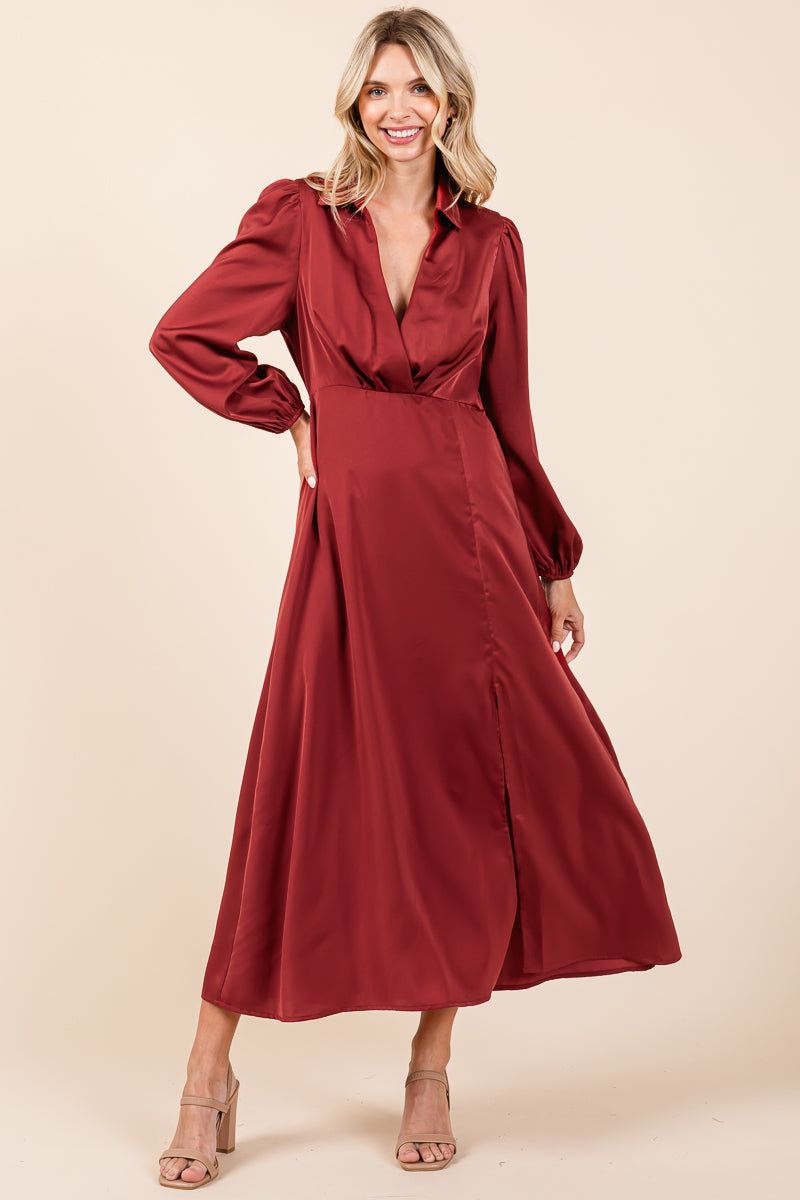 Deep V Neck Collared Split Satin Midi Wrap Dress