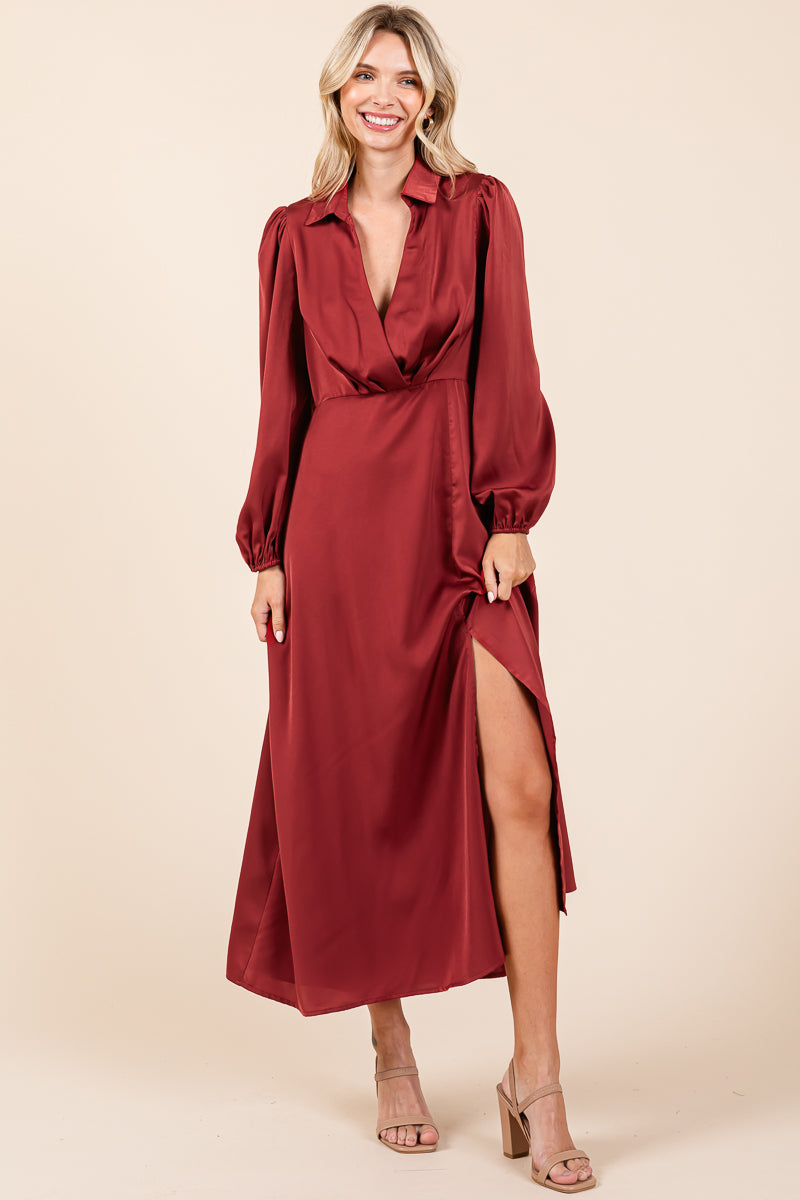 Deep V Neck Collared Split Satin Midi Wrap Dress