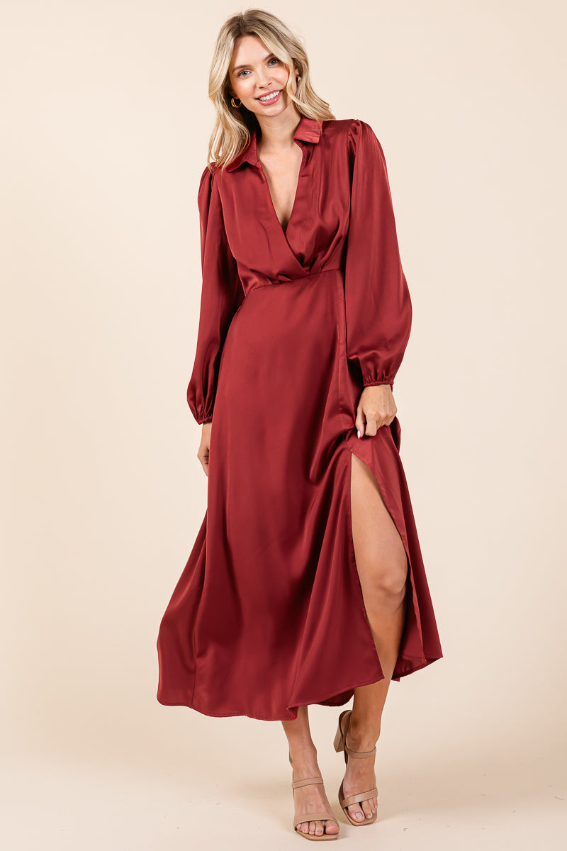 Deep V Neck Collared Split Satin Midi Wrap Dress