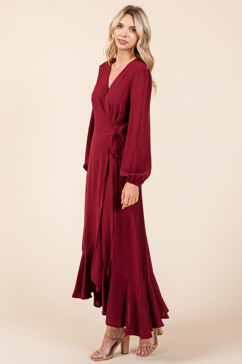 Ruffle Hem High Low Long Sleeve Wrap Maxi Dress