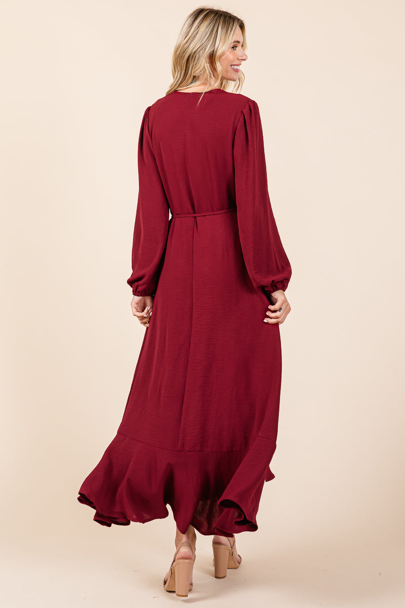 Ruffle Hem High Low Long Sleeve Wrap Maxi Dress