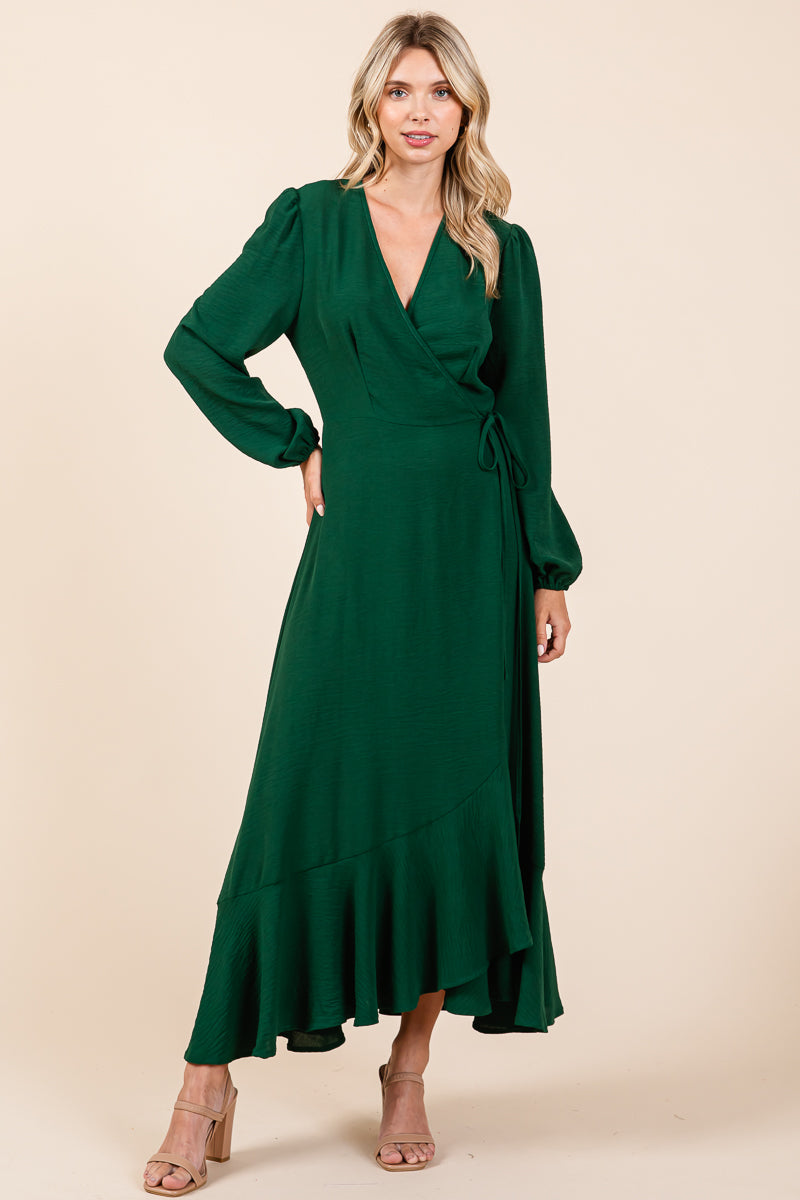 Ruffle Hem High Low Long Sleeve Wrap Maxi Dress